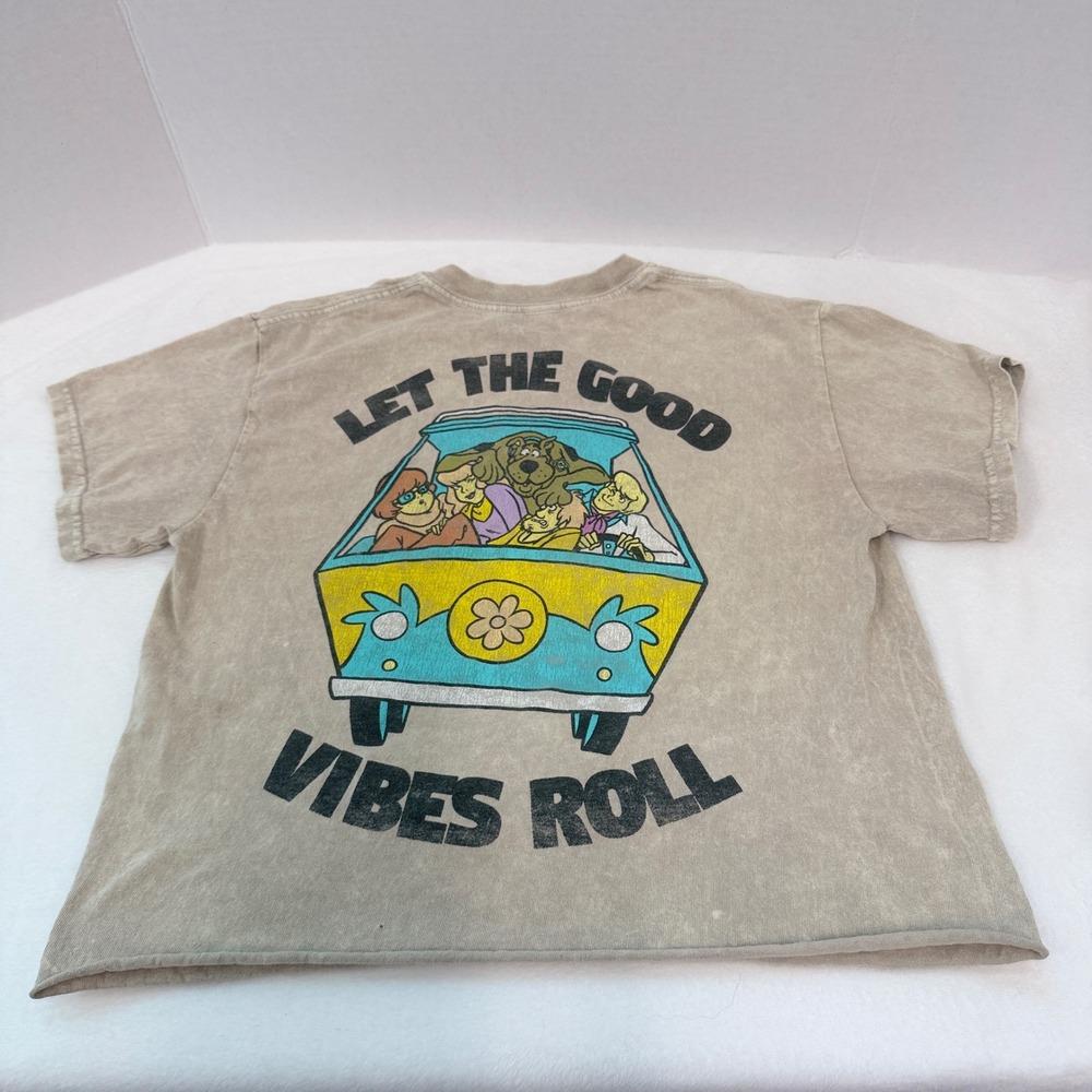 Scooby-Doo Graphic Tee Women S Tan Good Let The Good Vibes Roll Cutoff Pinhole